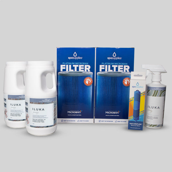 2 x Platinum Microban Filter, NaturePure Spa Stick, Iluka Klenz & 2kg Iluka Purify Subscription Pack
