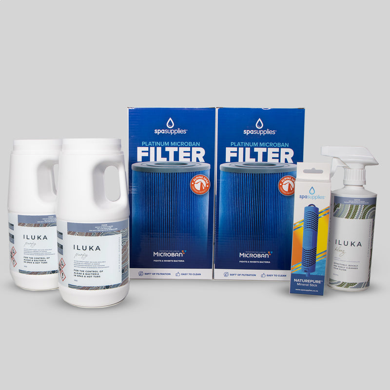 2 x Platinum Microban Filter, NaturePure Spa Stick, Iluka Klenz & 2kg Iluka Purify Subscription Pack
